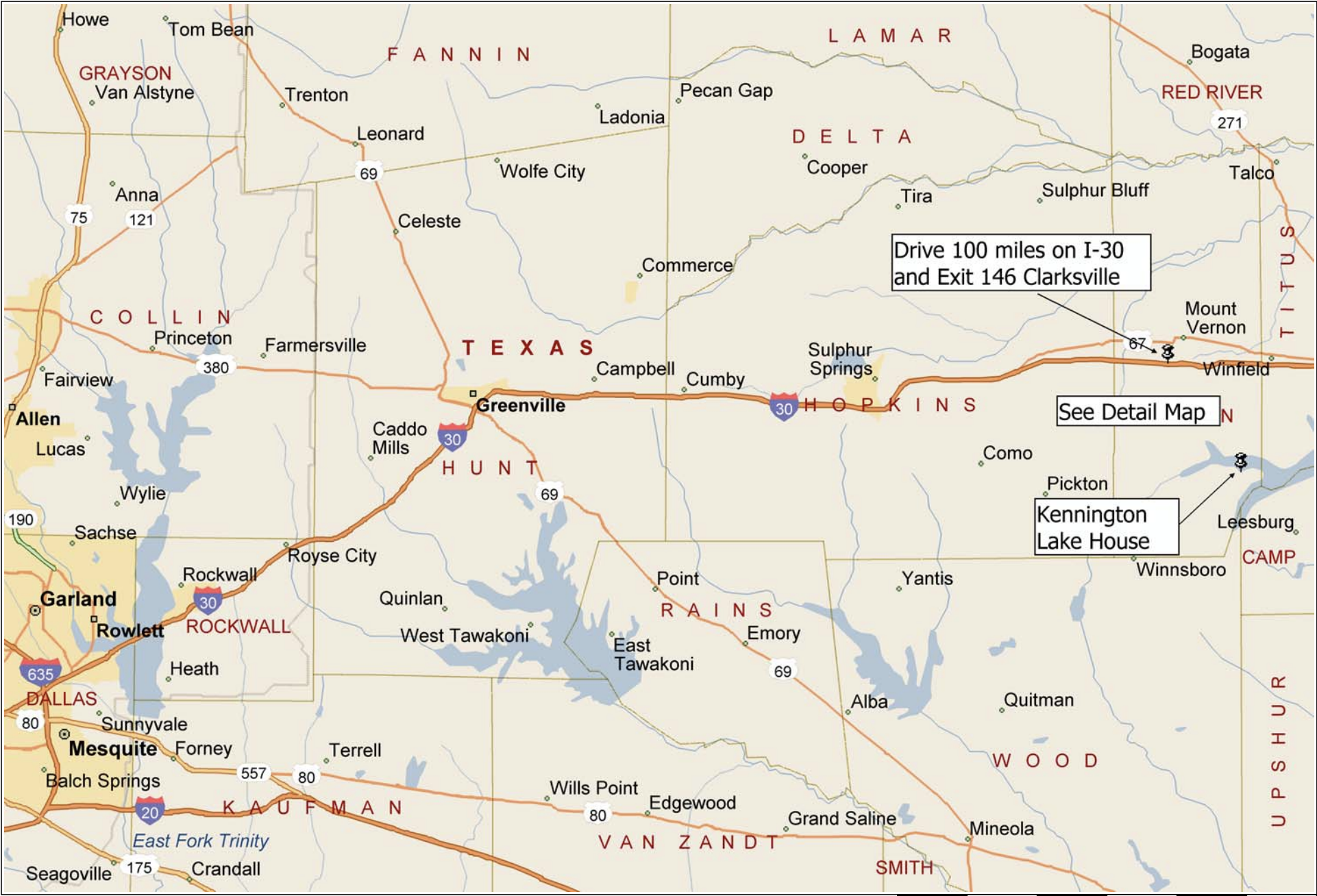 Map for Dallas to Lake